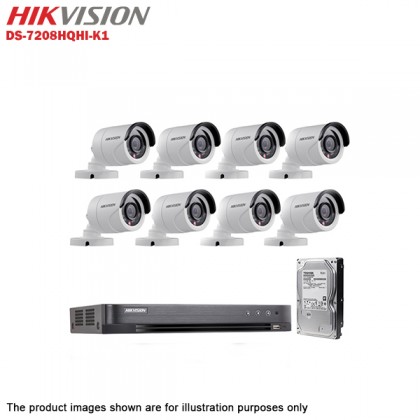 Hikvision Turbo HD 8 Channel CCTV DVR DS-7208HQHI-K1 + HIKVISION DS-2CE16D0T-IRF 2MP Turbo HD 1080P 4 in 1 TVI AHD CVI CVBS IR Bullet CCTV Camera + 1TB Toshiba CCTV HDD